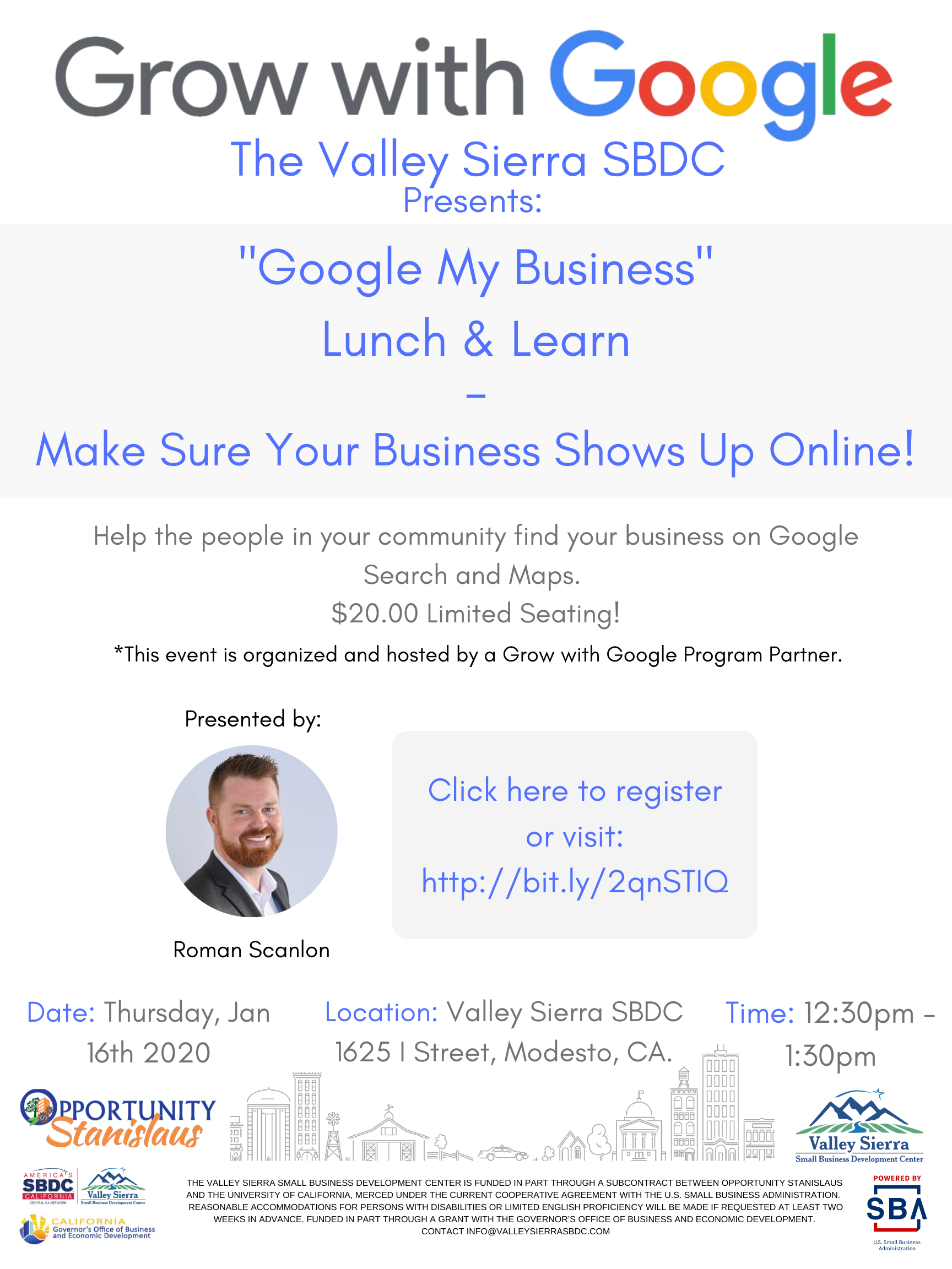 Event Flyer, Google My Business, $20.00 Lunch & Learn Thursday, January 16th 2020 from 12:30pm - 1:30pm. Register Today!
