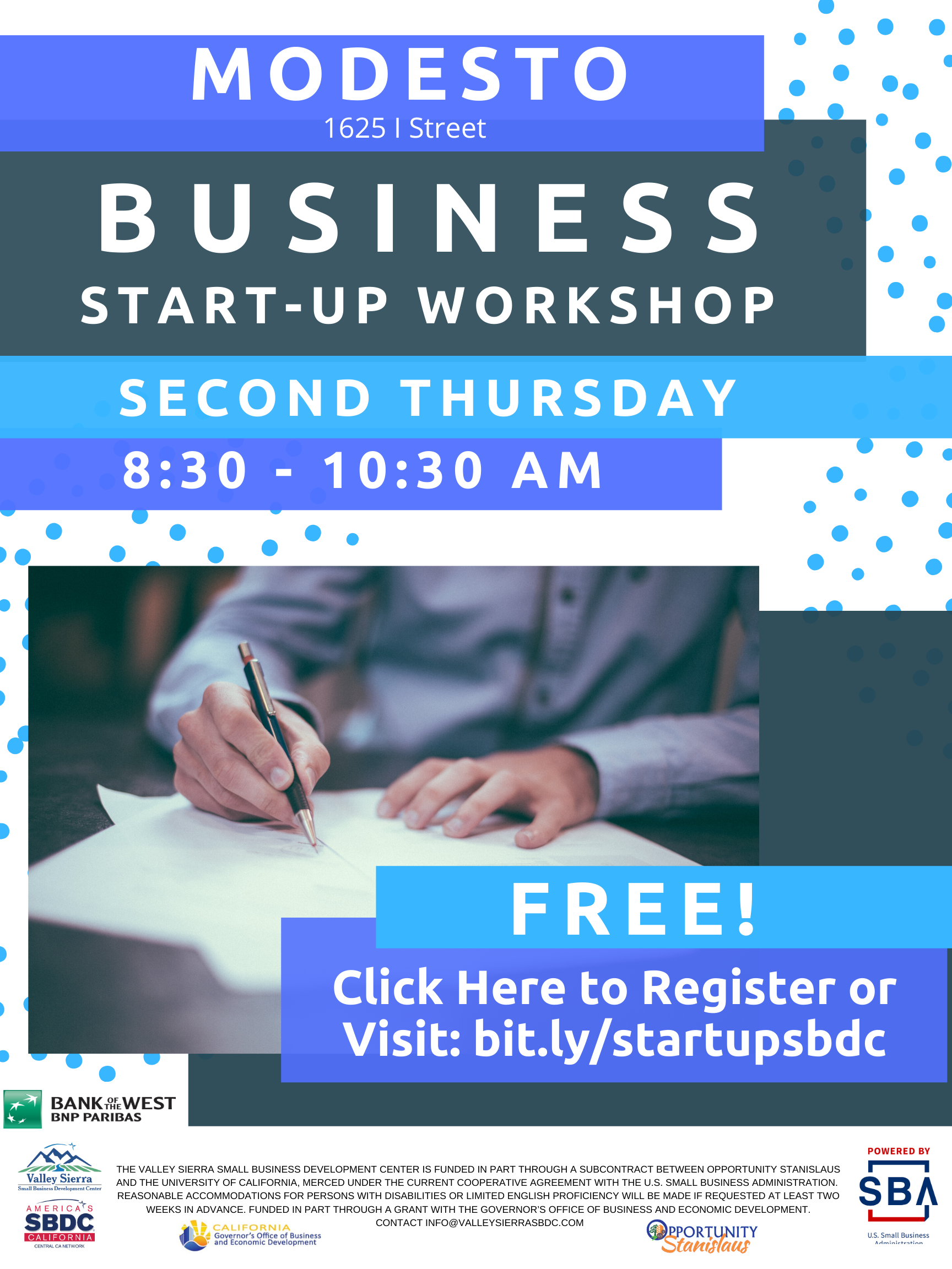 Event Flyer, Modesto Business Start Up, Second Thursday at the Valley Sierra SBDC. FREE.