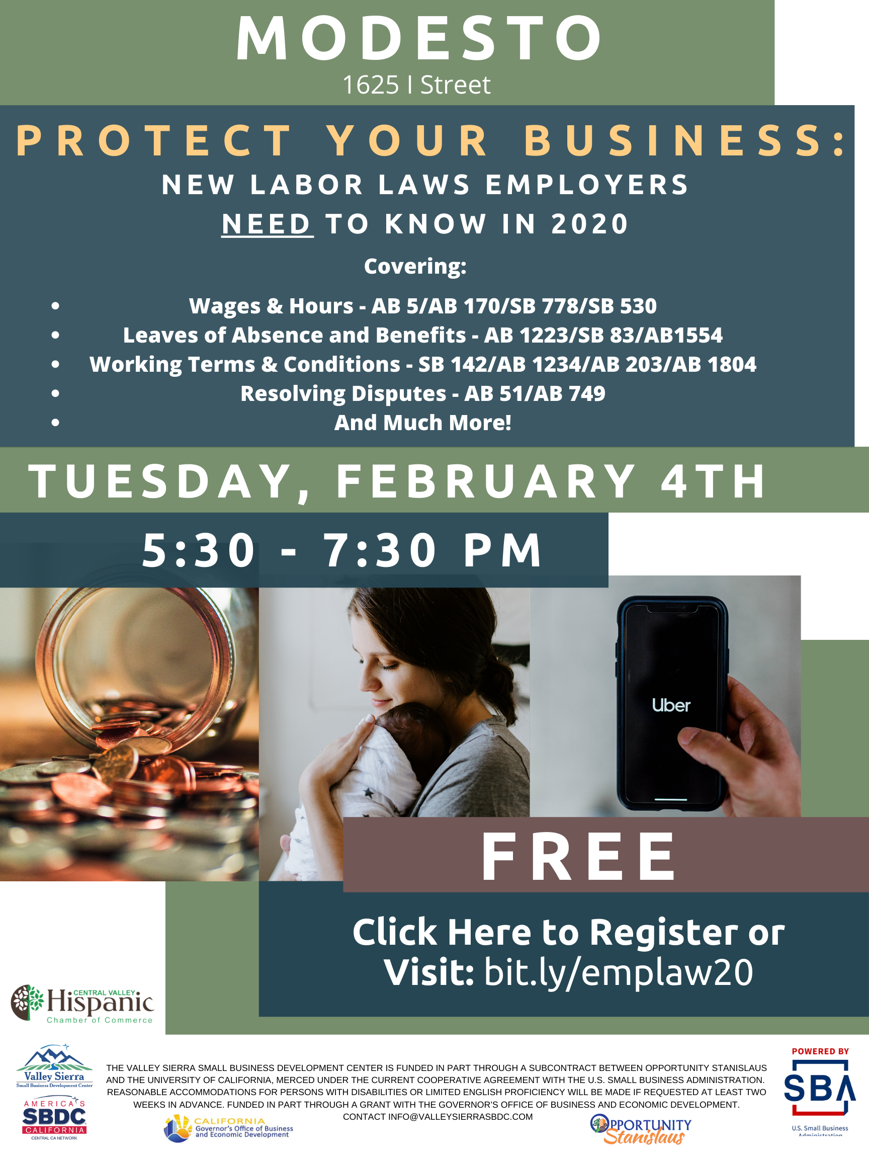 Event Flyer, 2020 New Labor Laws: What Employers Should Know. FREE 2/4/2020, 5:30pm - 7:30pm at the Valley Sierra SBDC, 1625 I STreet, Modesto, CA.