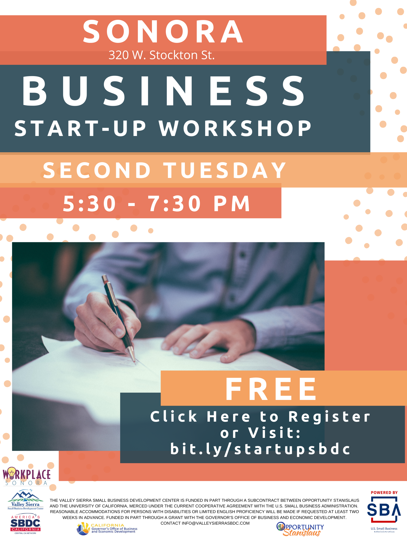 Event Flyer, Sonora: Business Start-Up Workshop, 2nd Tuesday, 5:30pm - 7:30pm. Free Registration Now Open! at Workplace Sonora, 320 W. Stockton Street, Sonora, Ca.