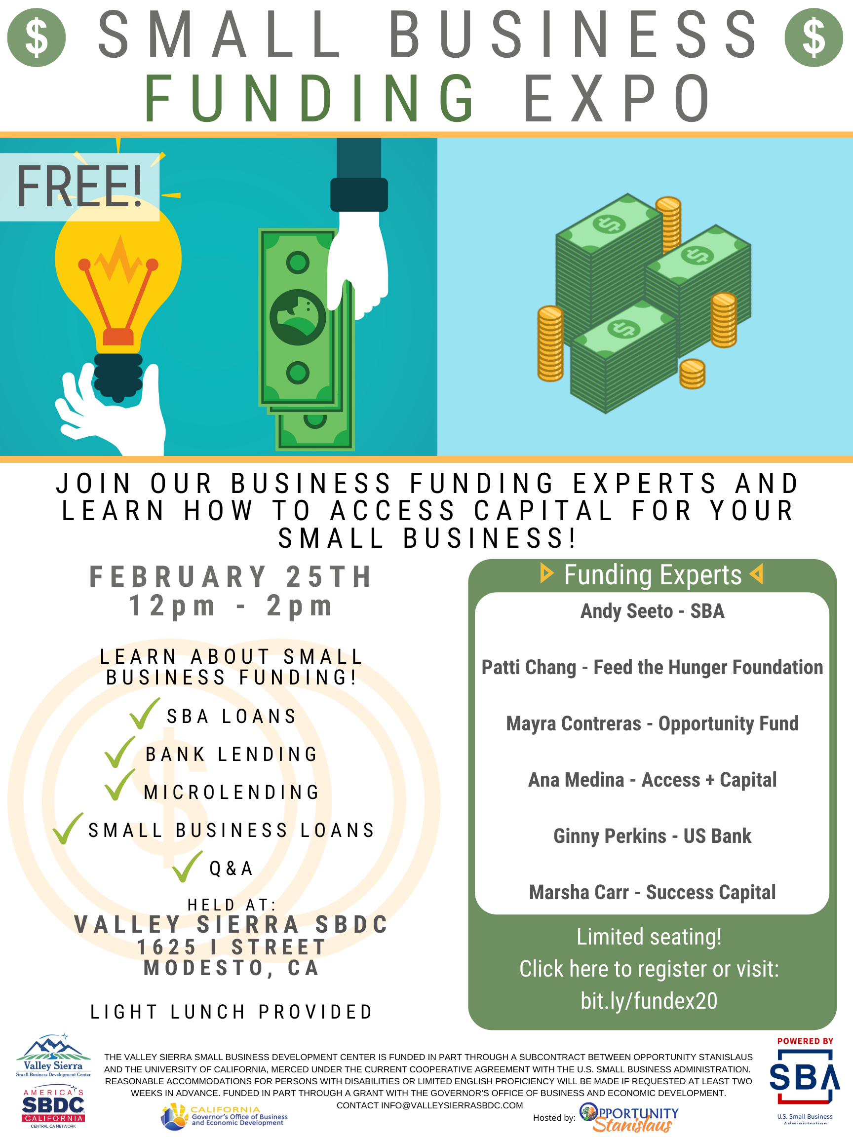 Event Flyer, Small Business Funding Expo, Feb 25th, Free. At the Valley Sierra SBDC.