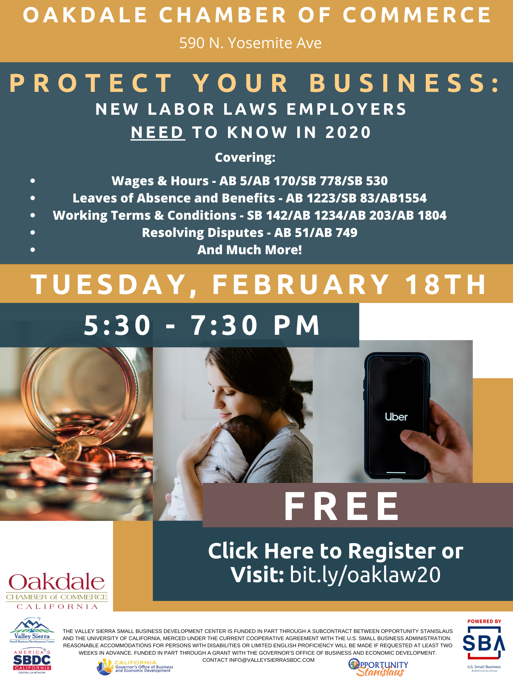 Event Flyer, Oakdale Employment Law Updates for 2020, Oakdale Chamber of Commerce. 2/18/2020, FREE.